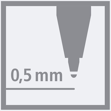 Illustration grise d'un stylo à pointe de 0,5 mm, dans un cadre gris.