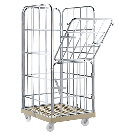 Metal transport cart with wheels. One door is open.