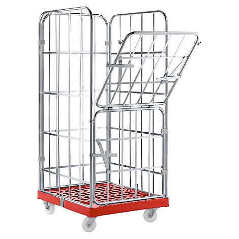 Metal cage trolley, partially open, with red base plate on wheels.