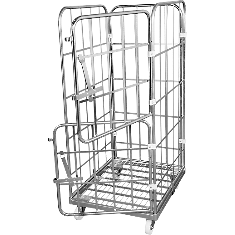 Metal roll container, open door, wheels at the bottom.