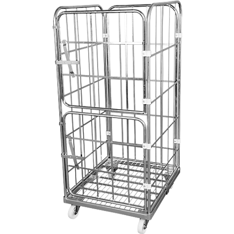 Metal mesh trolley, with wheels. The top sides are open, the bottom has a door with a clasp.