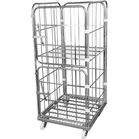 Metal roll container, two-story, with grid walls and wheels.