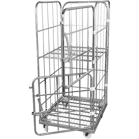 An empty metal roll container with three levels and wheels. Part of the side wall is open.