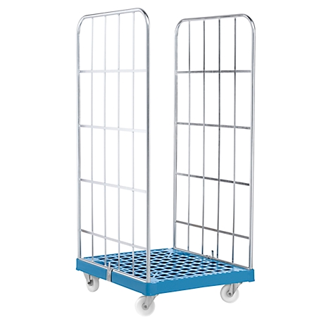Blue roll container with wire mesh sides and wheels. The trolley is on a white background.