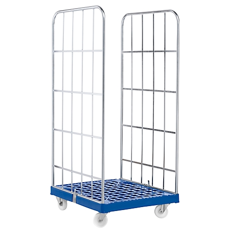 An empty roll container with a metal grid and blue floor, standing on four wheels.
