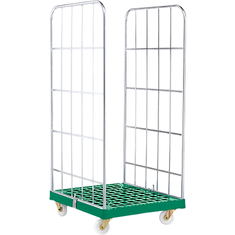 Green roll container with grid walls, on four castors.