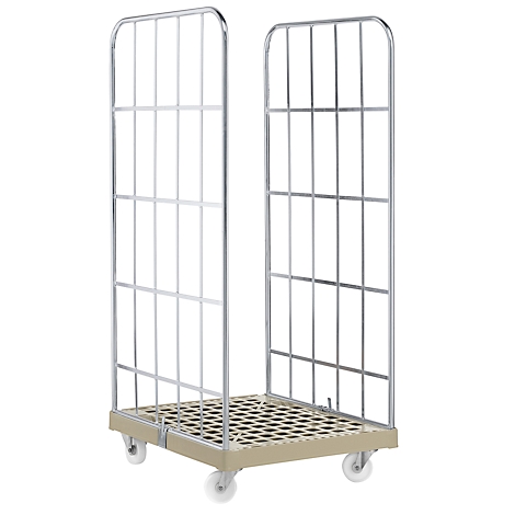 Roll cage with wire mesh sides and rollers, ready for transport.