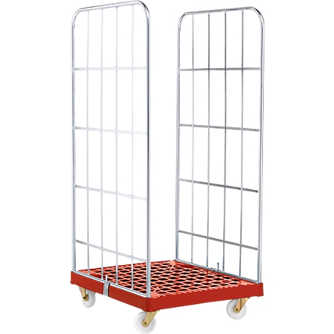 Red roll container with grids, stands on white castors.