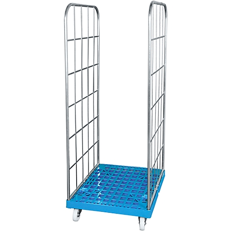 Blue roll container with grid walls and four wheels.