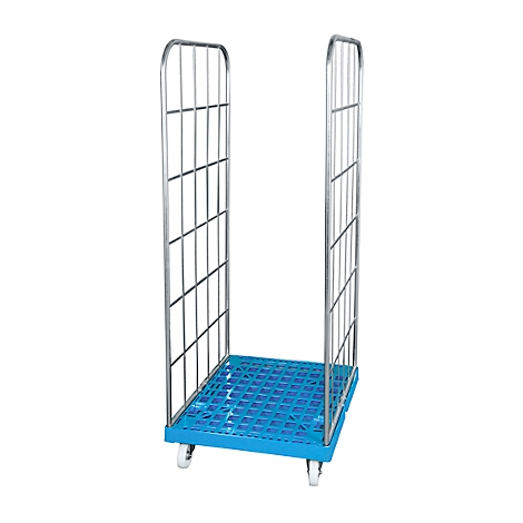 Metal transport trolley with blue base and wheels. Grid sides.