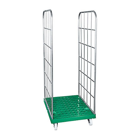 Green roll container with wire mesh sides and wheels, isolated on a white background.