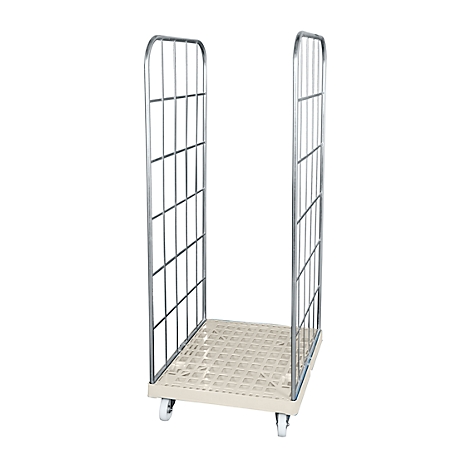 Metal roll container with wheels against white background.