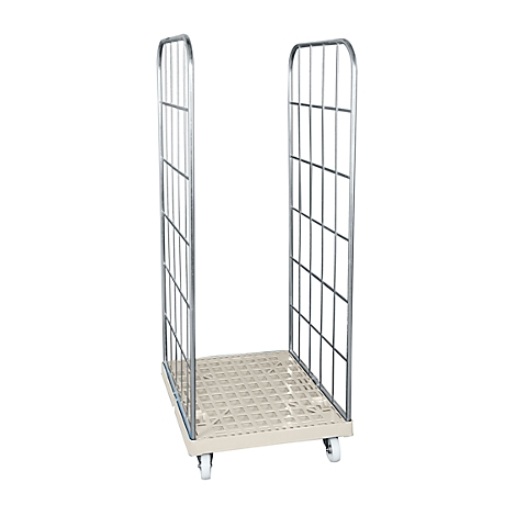 Empty metal transport cart with mesh sides and wheels.