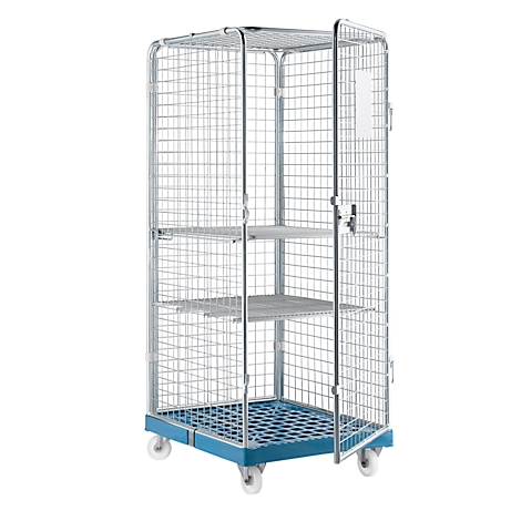 Roll cage with three shelves and an open door; container on wheels against a white background.