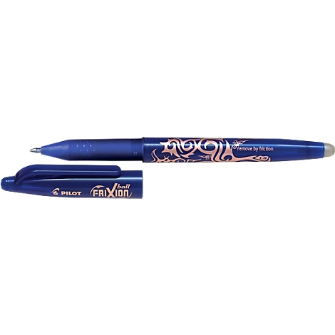 Bolígrafo Pilot FriXion azul con punta plateada y borrador. Las palabras 'Pilot' y 'FriXion' son visibles.