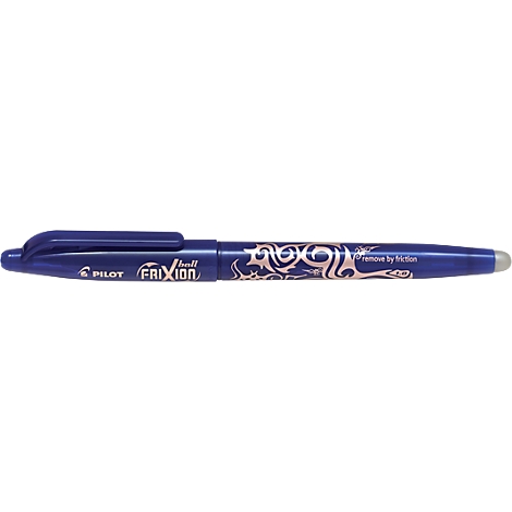 Un bolígrafo borrable Pilot Frixion azul, con letras y una goma de borrar en el extremo.