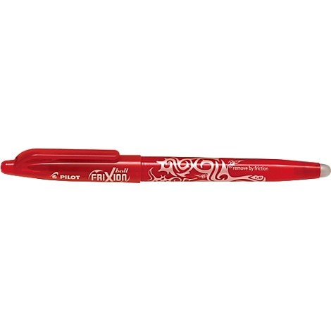 Un bolígrafo Pilot Frixion rojo. Tiene una punta blanca para borrar. Texto: 'remove by friction'.