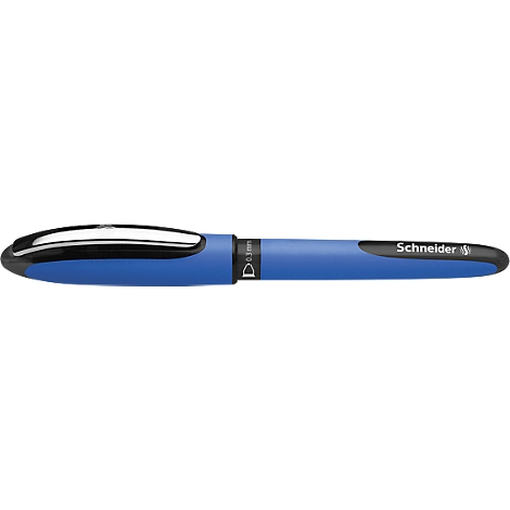 Stylo à bille bleu avec capuchon noir et zone de préhension. Le nom "Schneider" est écrit sur le corps.