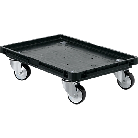 Black transport box on castors, ideal for transporting goods. Four silver wheels provide mobility.