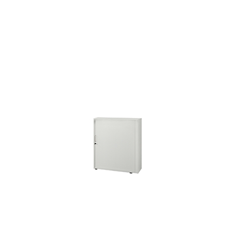 White filing cabinet against a white background. It has a door with a lock and is equipped with castors.