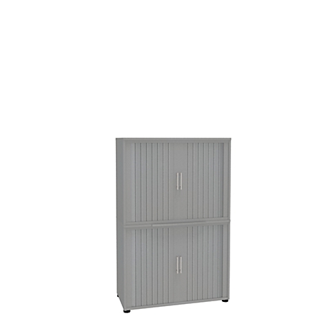 Grey cabinet with ribbed doors structured by vertical lines. It has two separate sections.