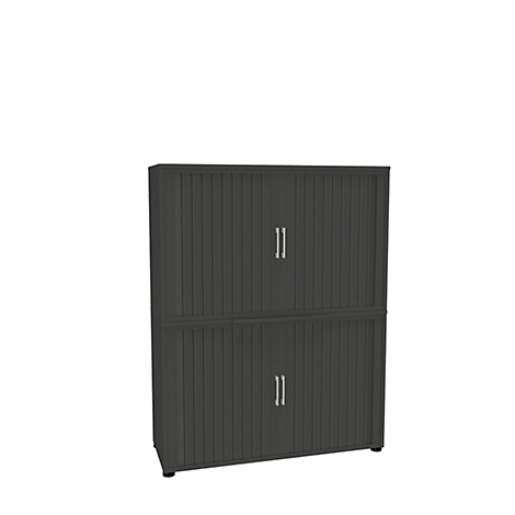 A gray two-story cabinet, with vertical grooves and two doors per floor.