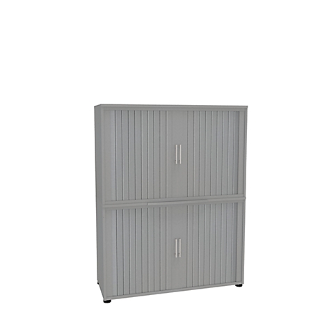 Gray, two-part cabinet with slatted doors and double vertical handles. Stands against a white background.