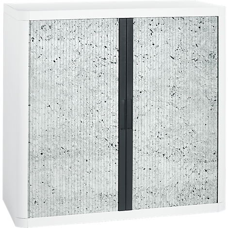 White cabinet with gray concrete look, dark handle. Two doors at the front with vertical lines.