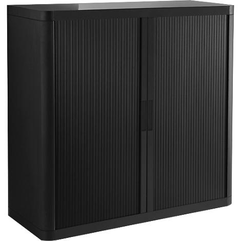 Black cabinet with grooved sliding doors and discreet handle.