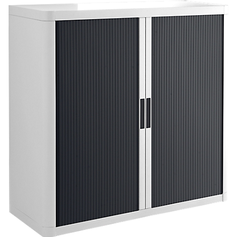 White cabinet with ribbed, anthracite doors. White handle bar.