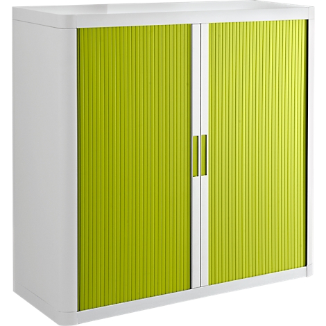A white cabinet with bright green ribbed doors and silver handles.