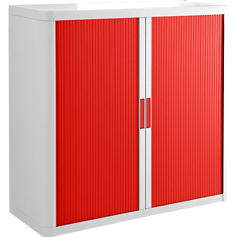Cabinet with red slatted doors, white frame and handles.