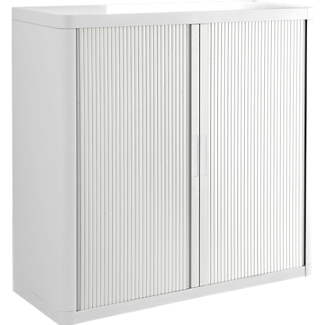 White office cabinet with ribbed sliding doors and handle. Rounded corners.