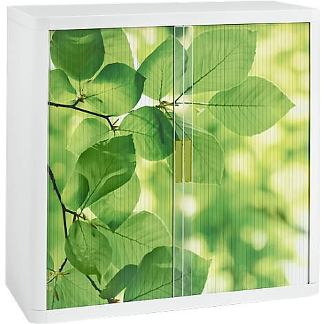White cabinet with doors, printed with leaves, against a bright background.