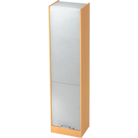 Tall cabinet in wood look with roller shutter. The roller shutters are grey and structured horizontally.