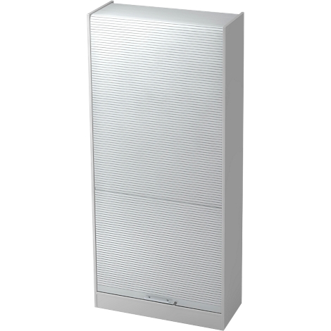 A white cabinet with a roller shutter and horizontal slats. It has a handle and is depicted against a neutral background.