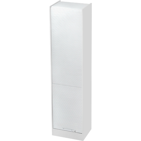 A tall white cabinet with a ribbed door and smooth sides. The door is split in two.