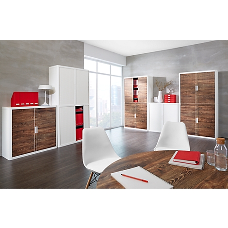 Office furniture: wood-look and white cabinets, chairs and table. Red folder on the table.