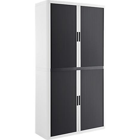 White cabinet with black slatted doors. The doors have small handles.