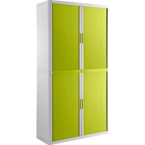 White cabinet with green roller shutters. The roller shutters are vertically ribbed.