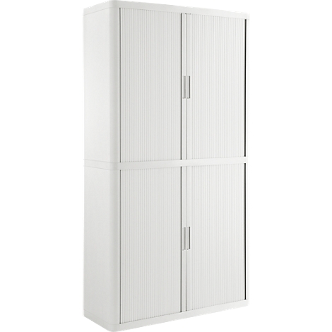 White cabinet with ribbed sliding doors and metal handles. It has a tall, rectangular shape.