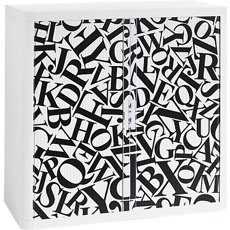 White cabinet with doors printed with large black letters. Silver door handles.