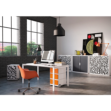 Modern office with desk, orange chair and dresser. Windows in the background, art on the wall.