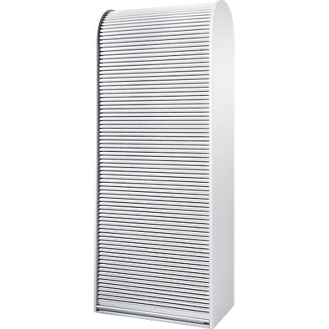 White cabinet with a slatted door that opens upwards.