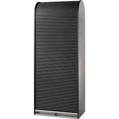 Black cabinet with roller shutter and silver sides. There is a handle at the bottom.