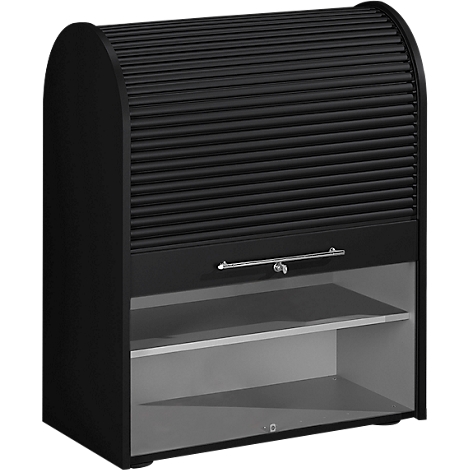 Black cabinet with roller shutter, glass front and two shelves. A metal handle and a lock are visible.