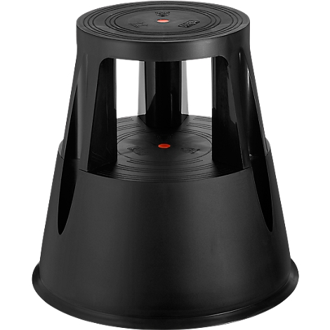 Black step stool with a round seat and four legs, on a white background.