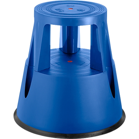 Blue step stool with black rubber ring at the bottom. Circular top and bottom, connected by columns.