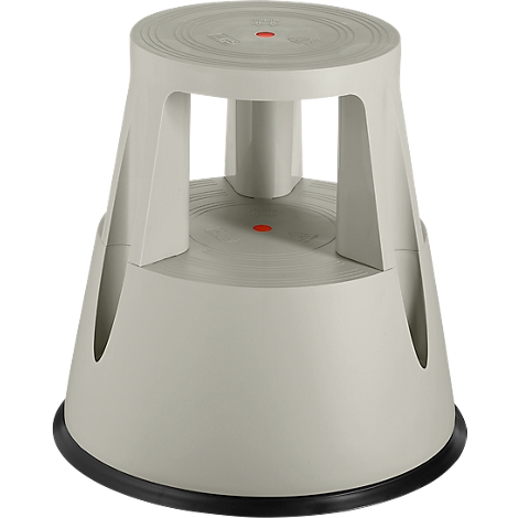 Gray step stool, round seat, four-legged construction. Black rubber ring at the foot.