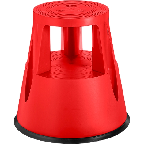 Red step stool. Circular grooves are on the top. The stool has four legs.